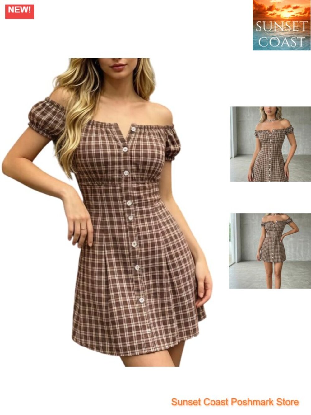 Off Shoulder Plaid Mini Dress Y2K Gingham Button Down